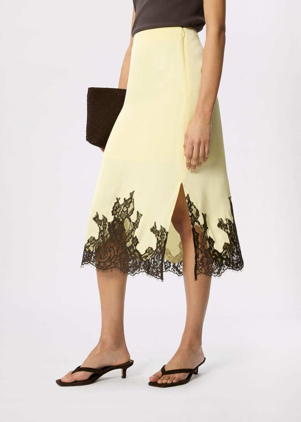 Lace Hem Satin Midi Skirt