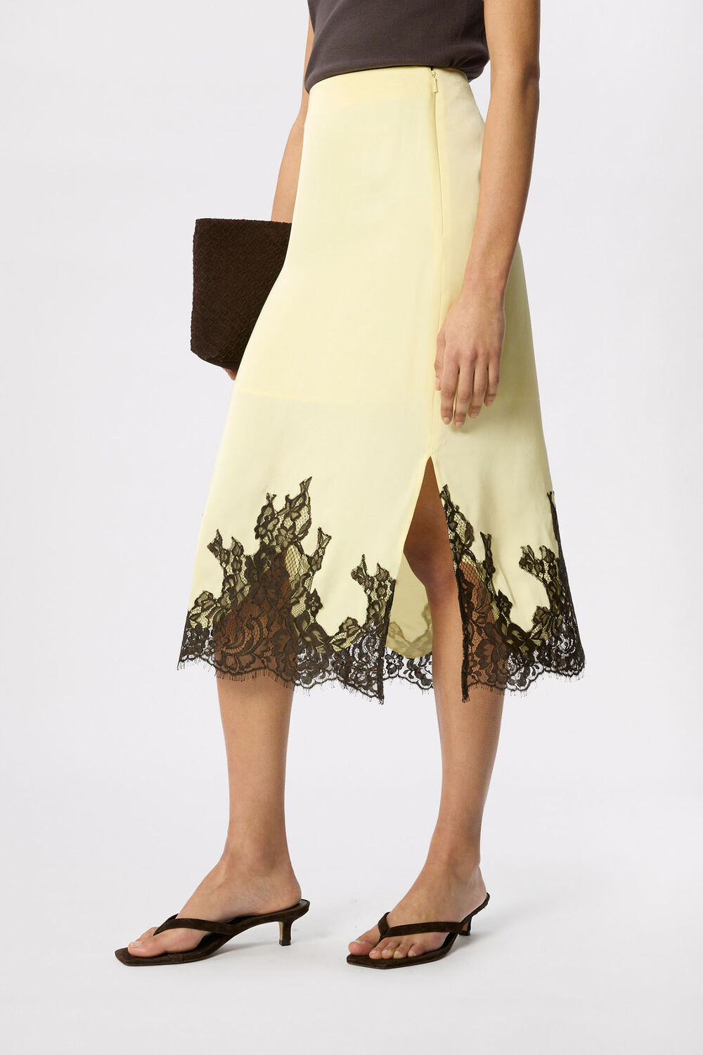 Yellow Lace Hem Satin Midi Skirt