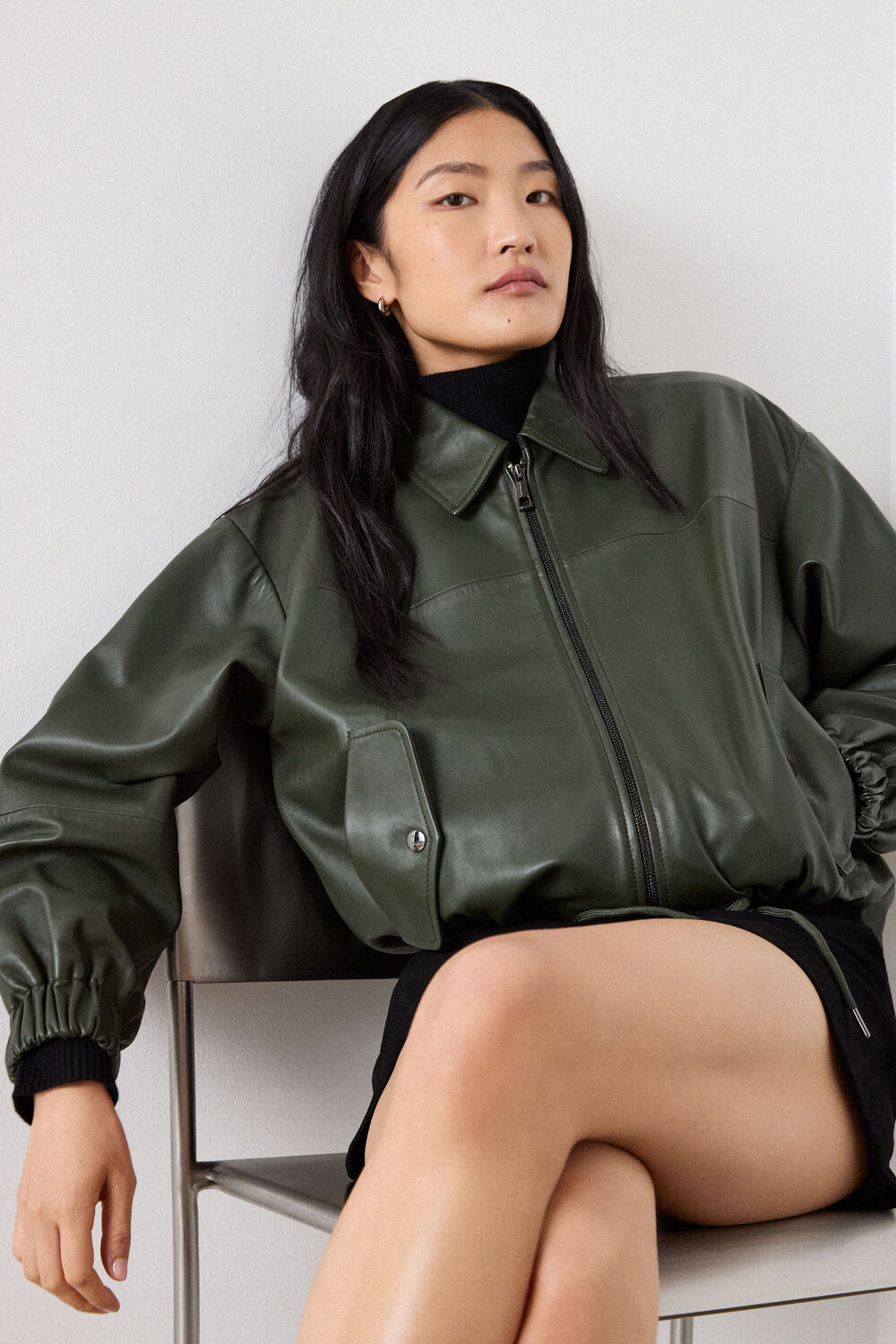 Khaki Frida Leather Bomber Jacket
