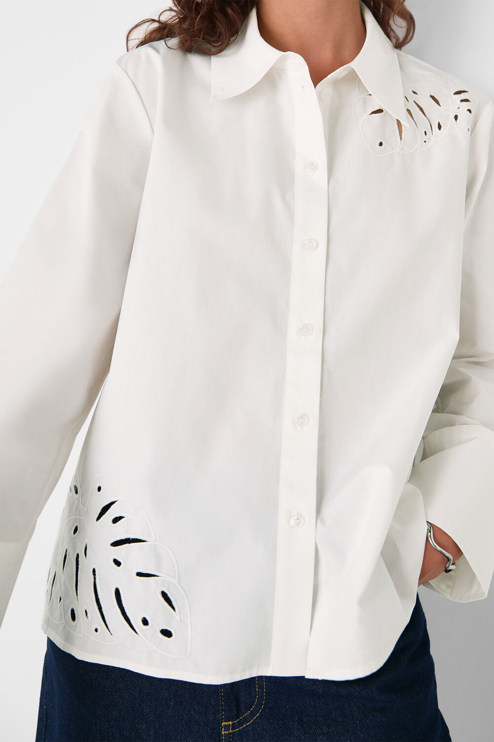 Leaf Embroidered Cotton Shirt