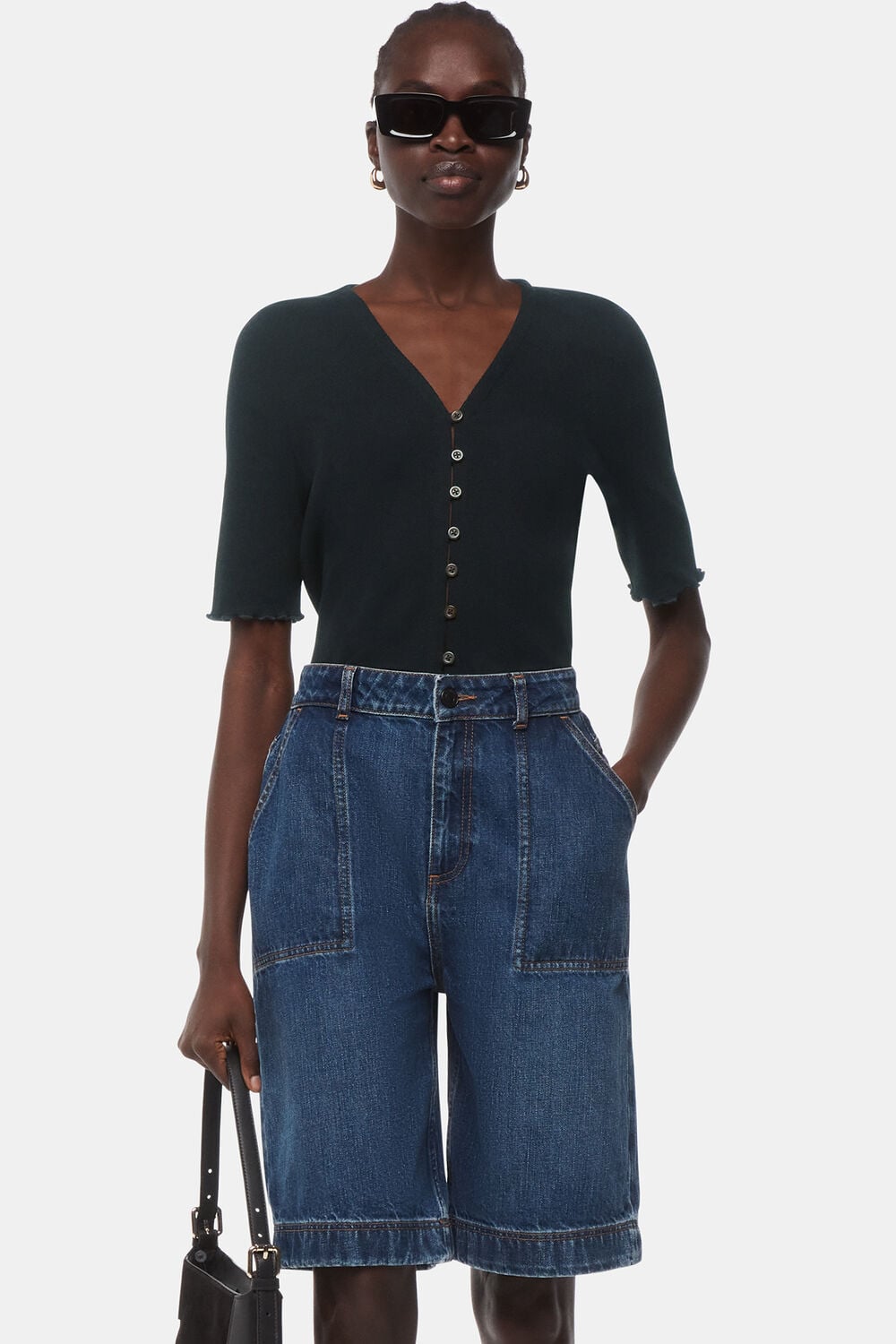 Black Frill Sleeve Button Front Tee