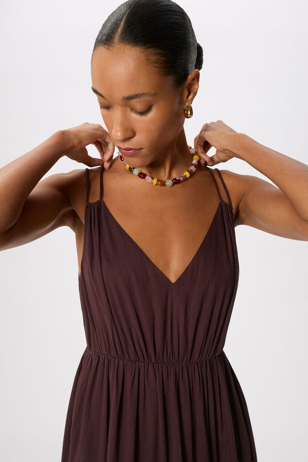Brown Cotton Maxi V Neck Sundress