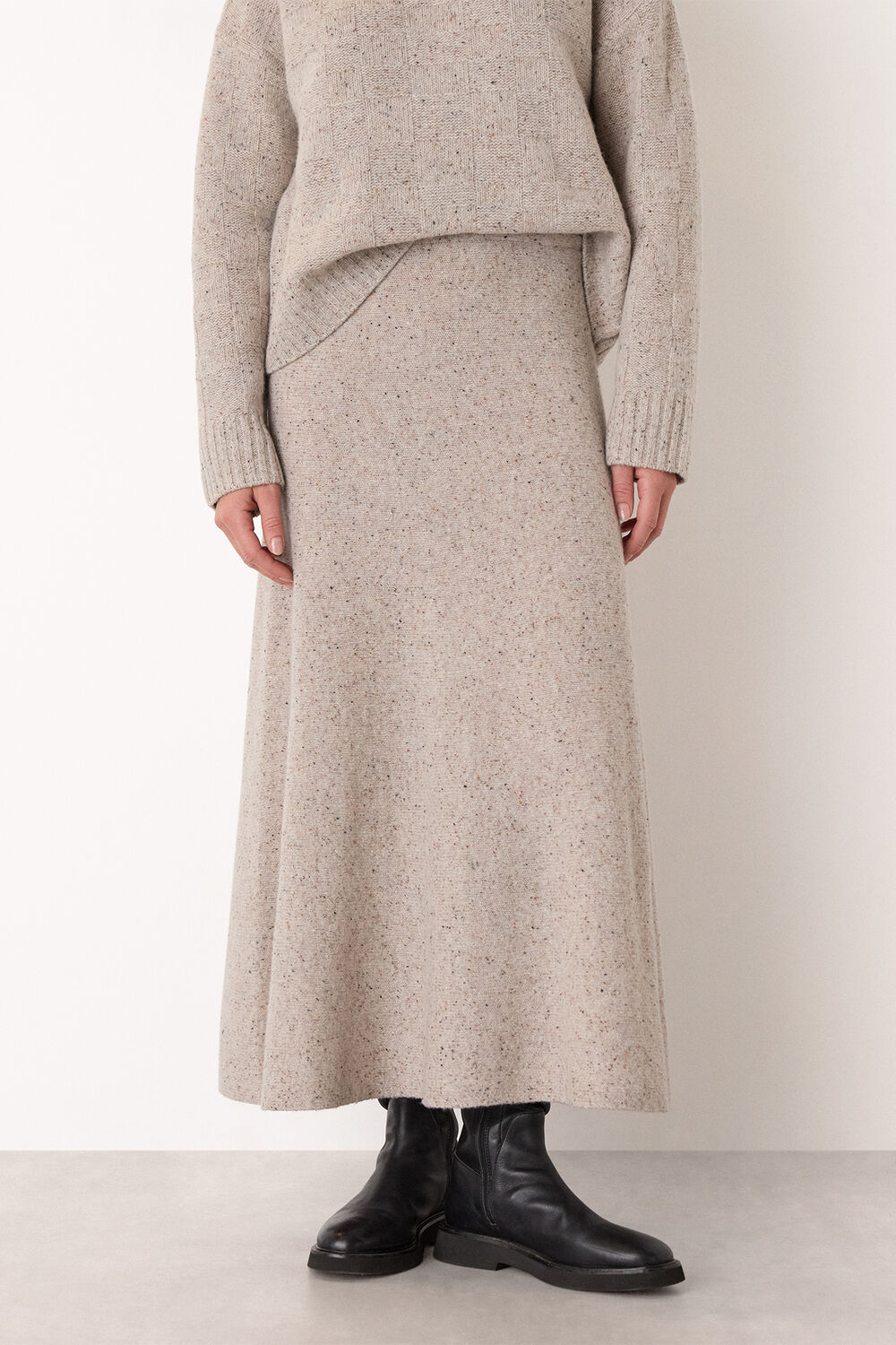 Neutral Wool Textured Midi Skirt