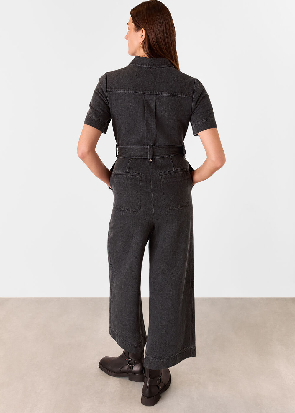 Denim Pintuck Belted Jumpsuit