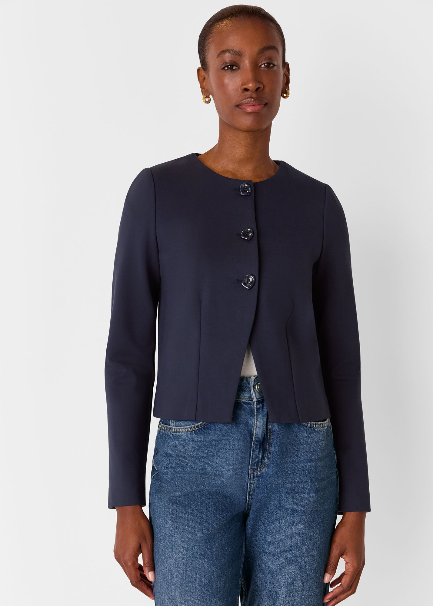 Women's Navy Collarless Button-Up Jacket | Whistles US |
