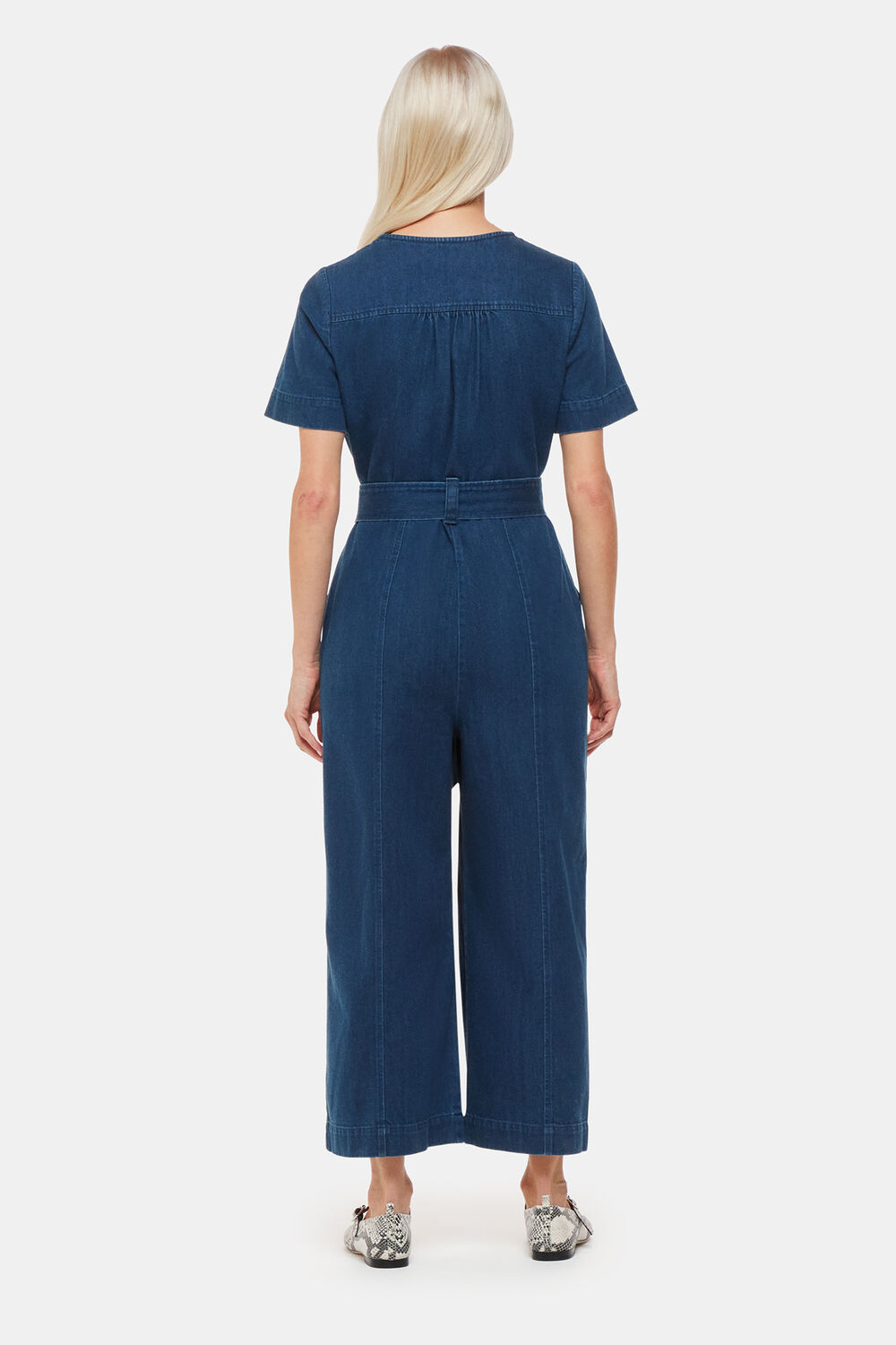 Petite Short Sleeve Denim Jumpsuit