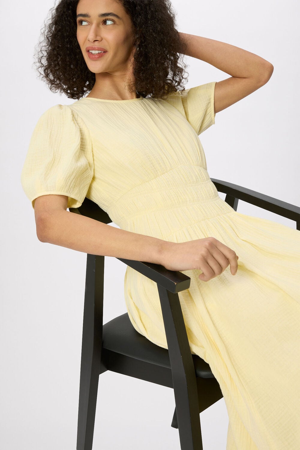 Yellow Shirred Cheesecloth Midi Dress