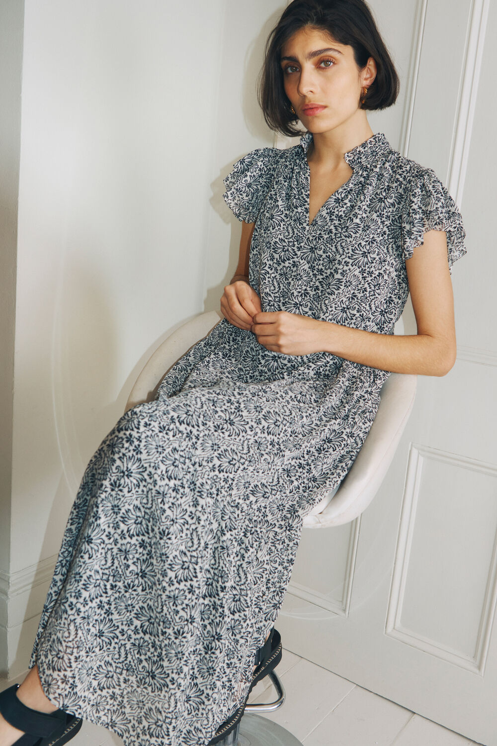 Black Indo Floral Print Tiered Dress