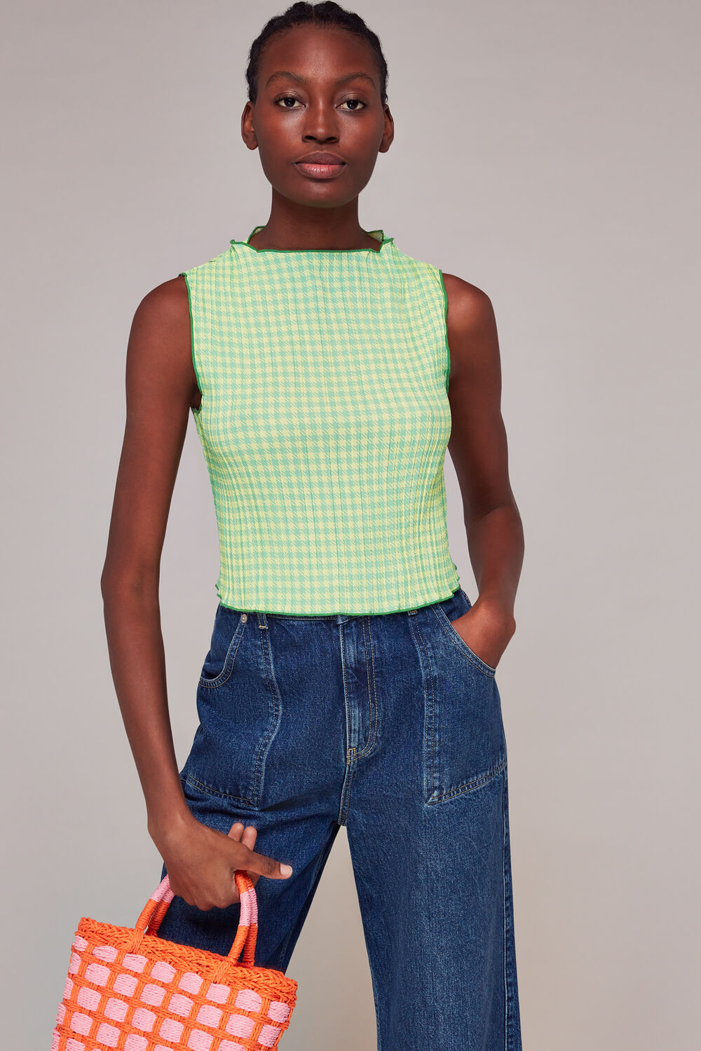 Green Houndstooth Gingham Plisse Top