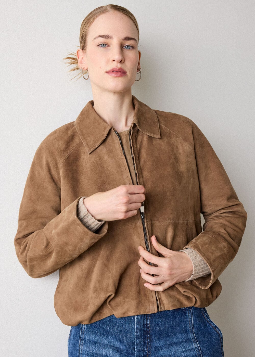 Taupe Gathered Suede Zip Jacket