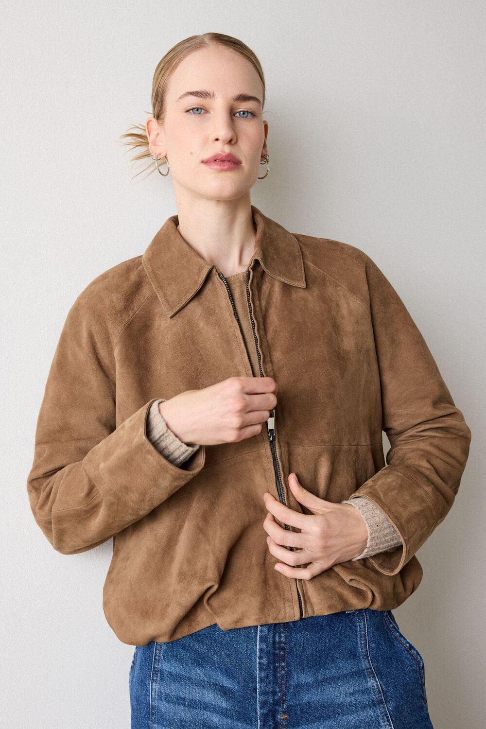 Taupe Gathered Suede Zip Jacket