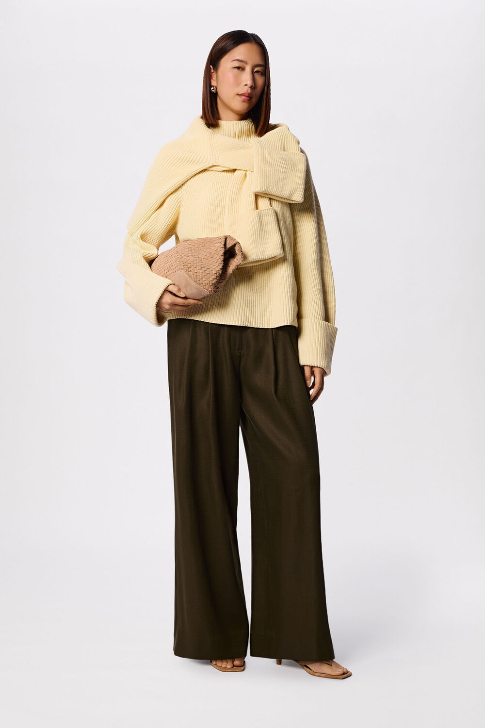 Khaki Wide Leg Hopsack Trouser