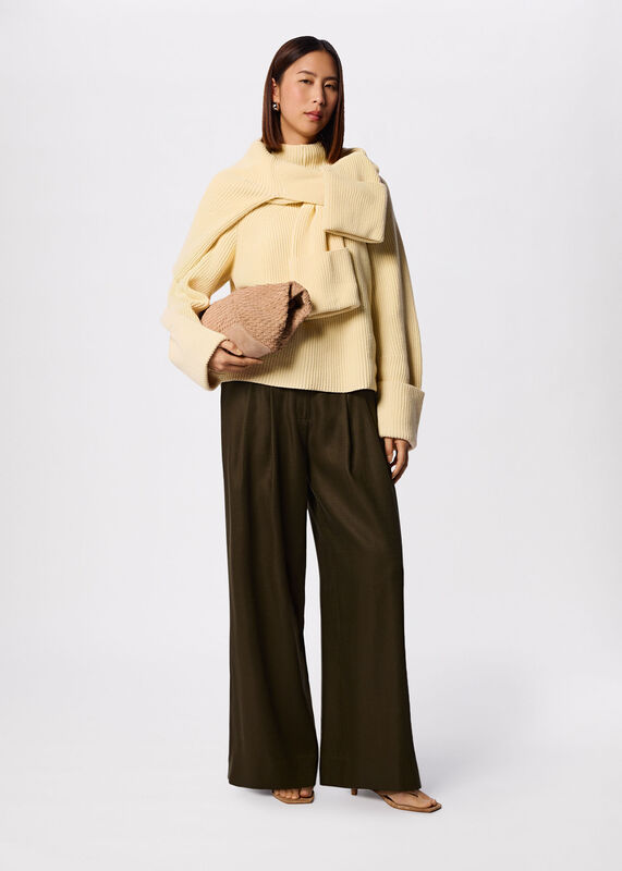 Khaki Wide Leg Hopsack Trouser