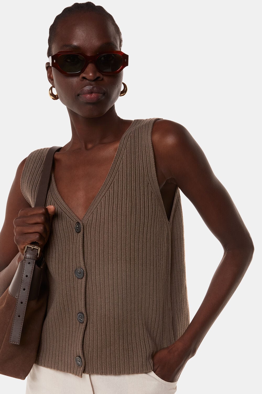 Chocolate Button Front V Neck Tank