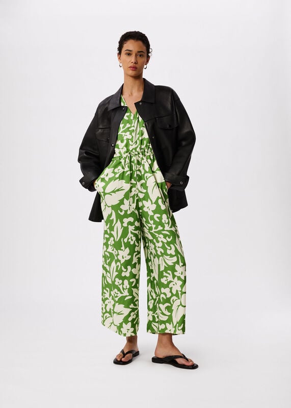 Green Floral Tie Waist Jumpsuit