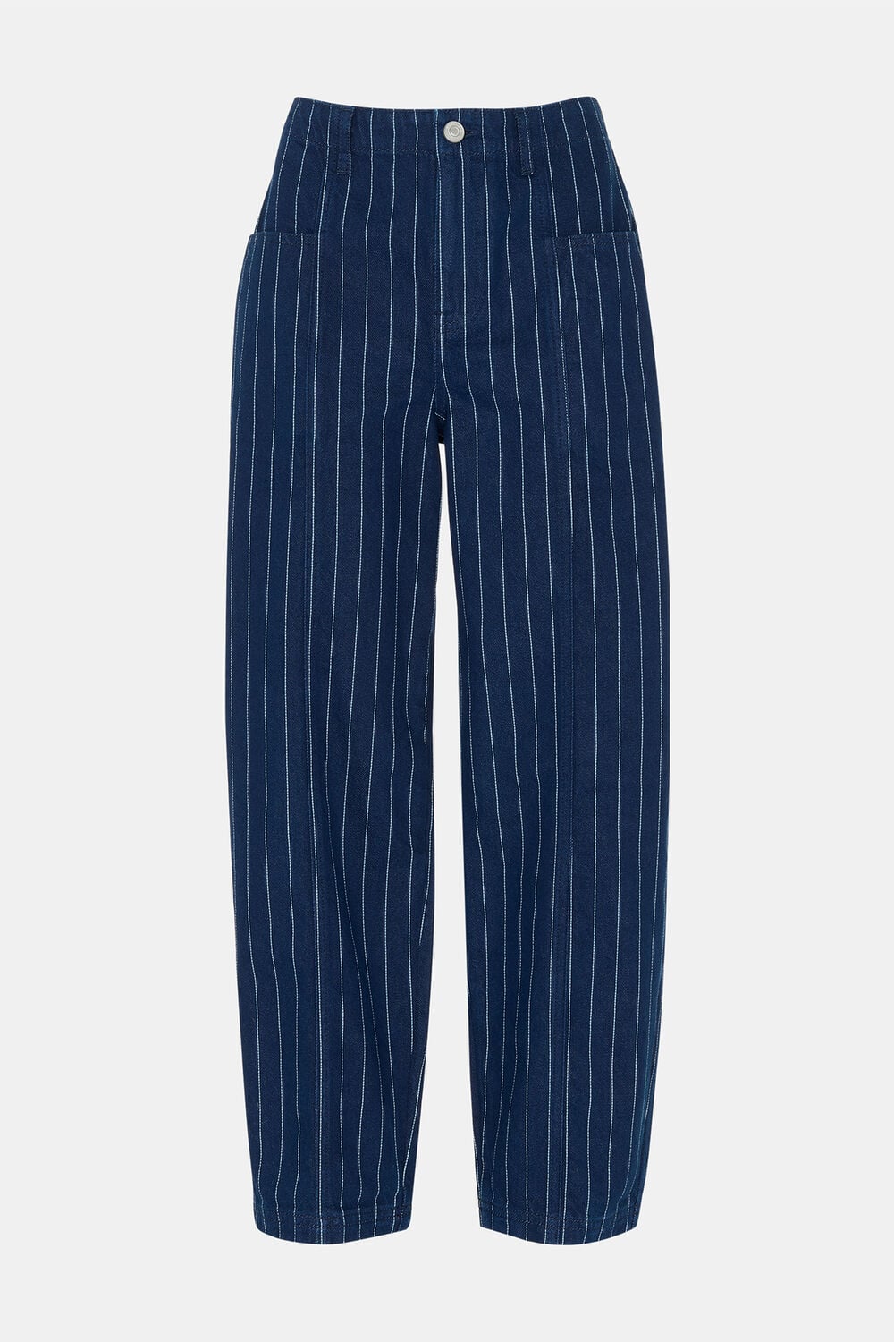 Navy Pinstripe Barrel Leg Jean