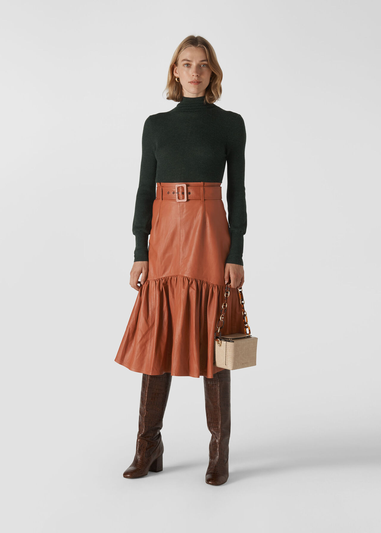Toffee Belted Leather Skirt | WHISTLES | Whistles UK
