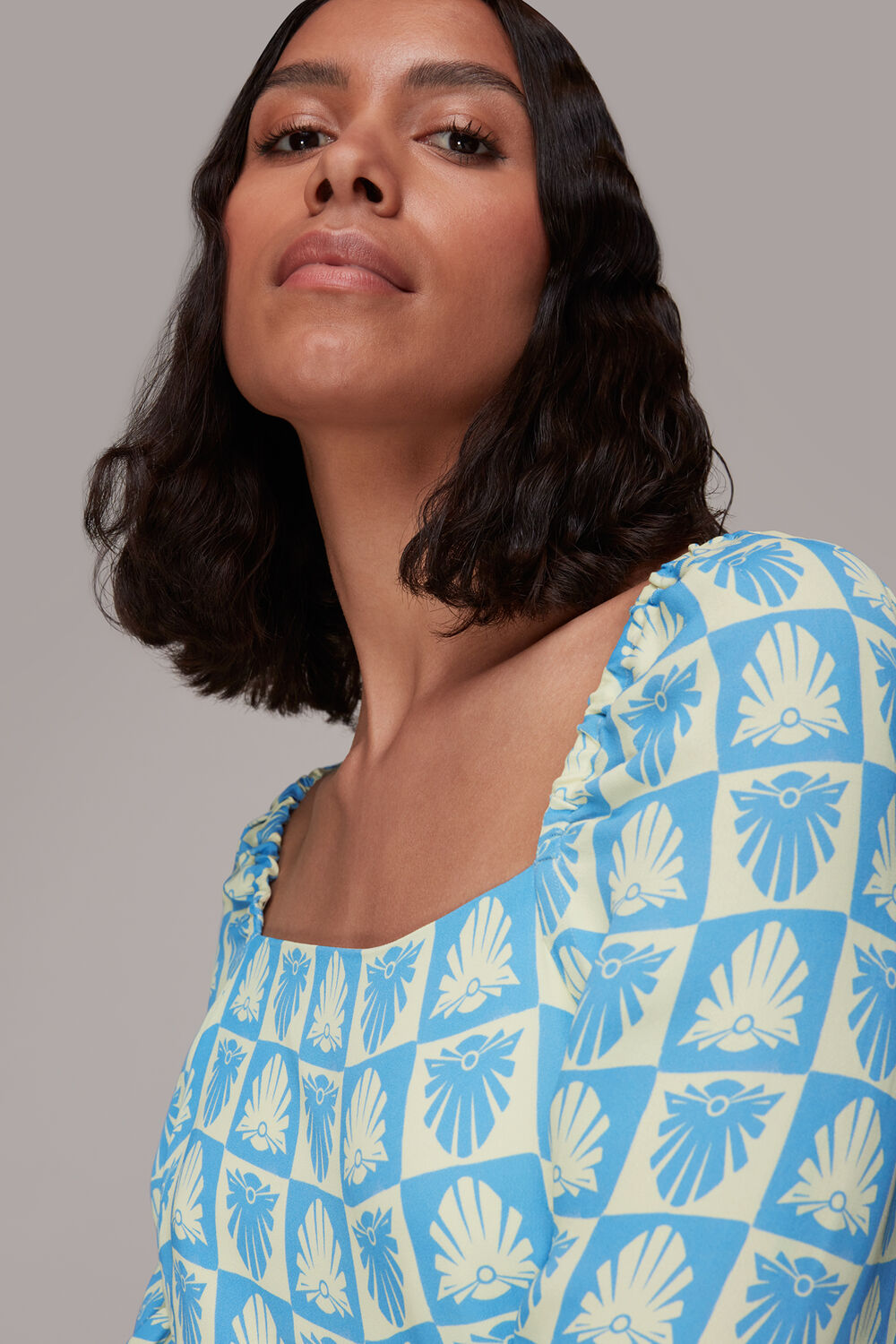 Blue Checkerboard Shells Midi Dress