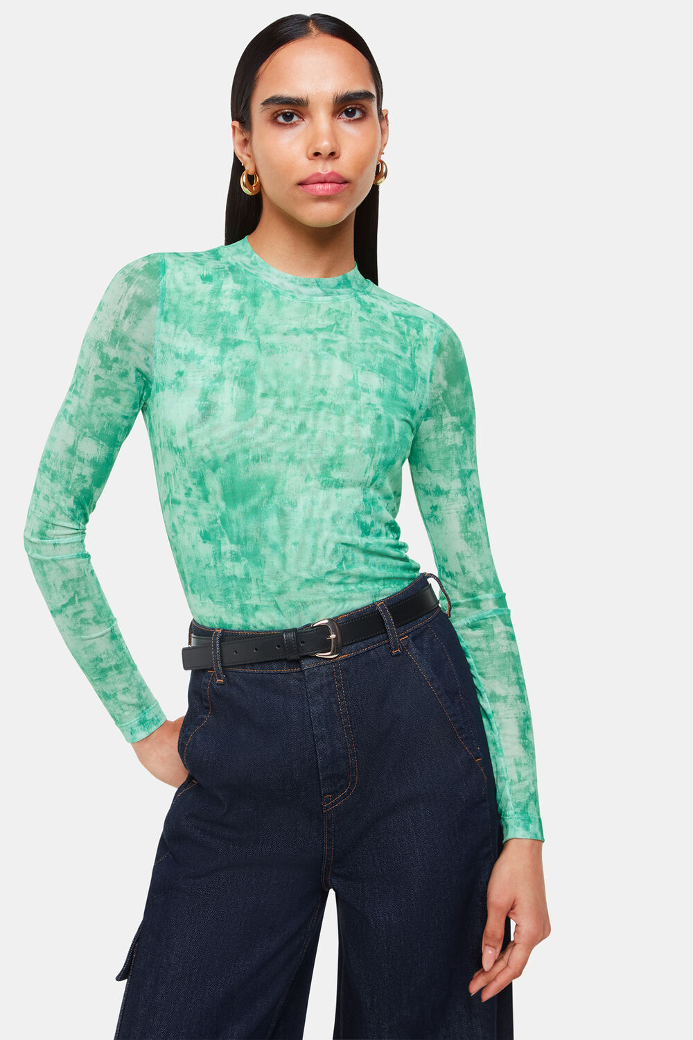 Green Brushwork Print Mesh Jersey