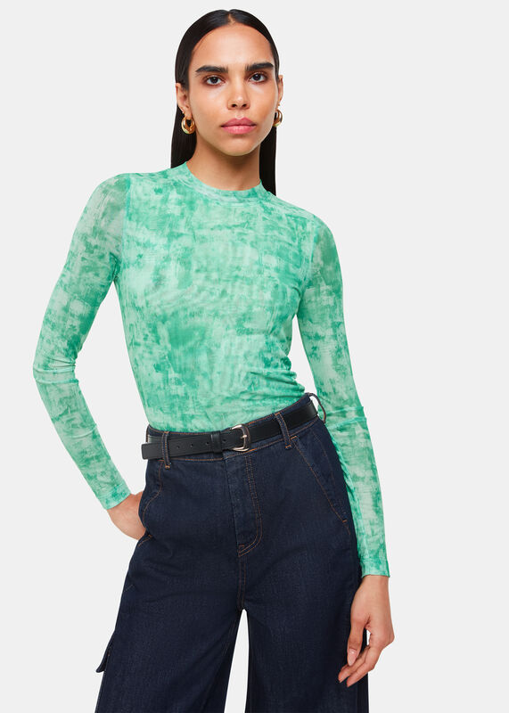 Green Brushwork Print Mesh Jersey