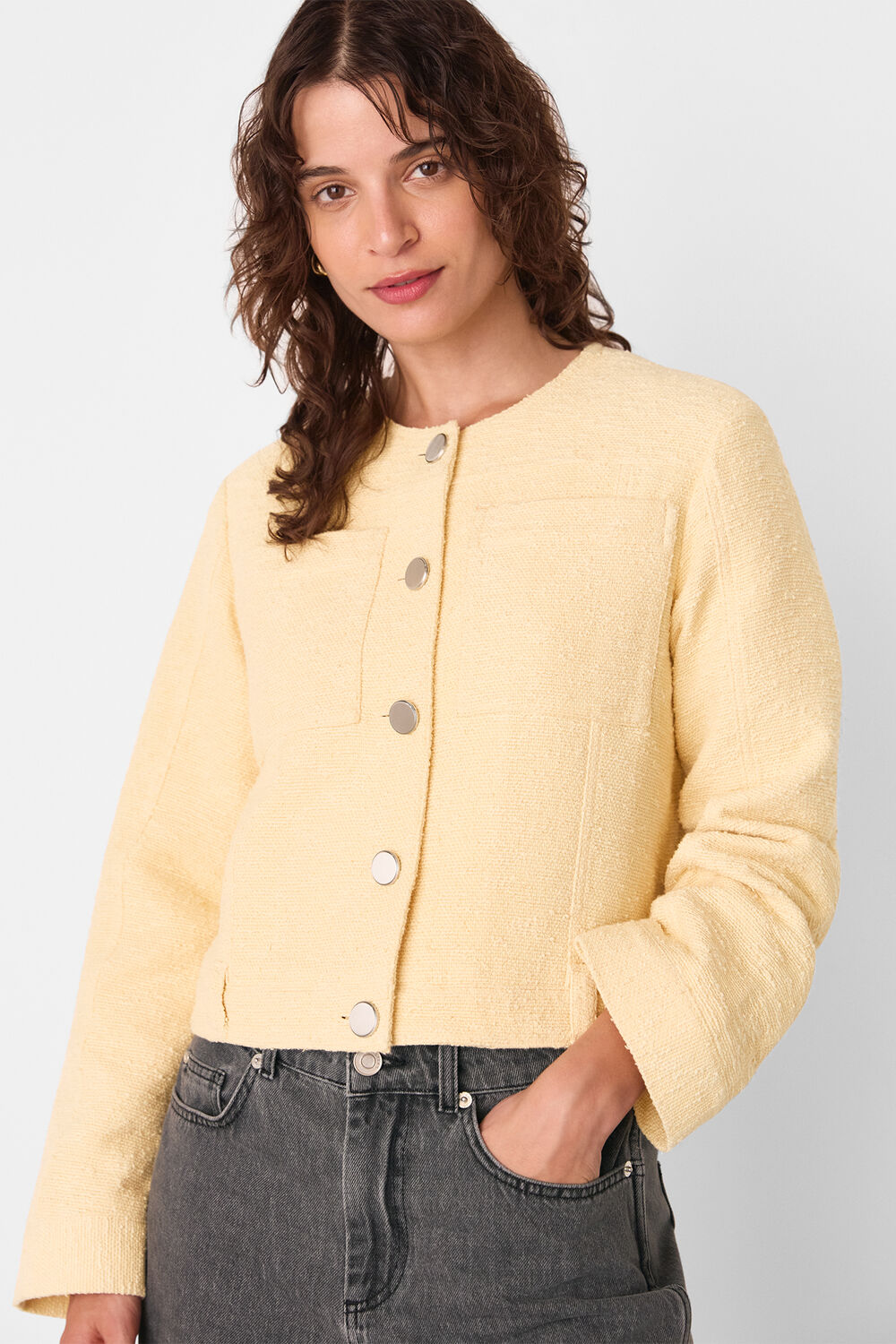 Yellow Textured Collarless Jacket