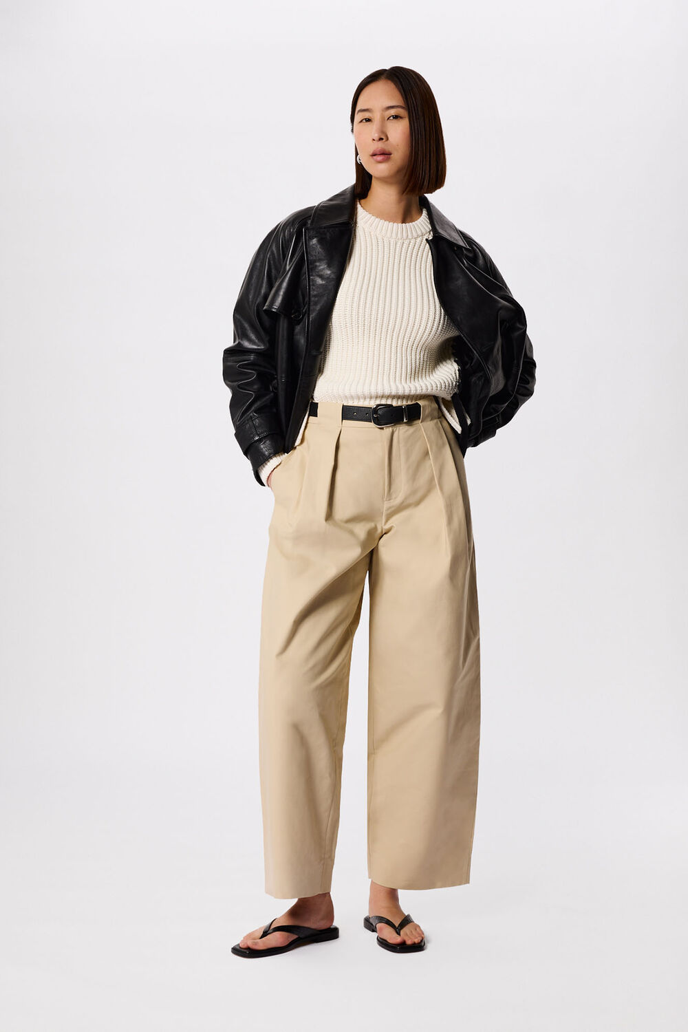 Neutral Cotton Barrel Leg Trouser