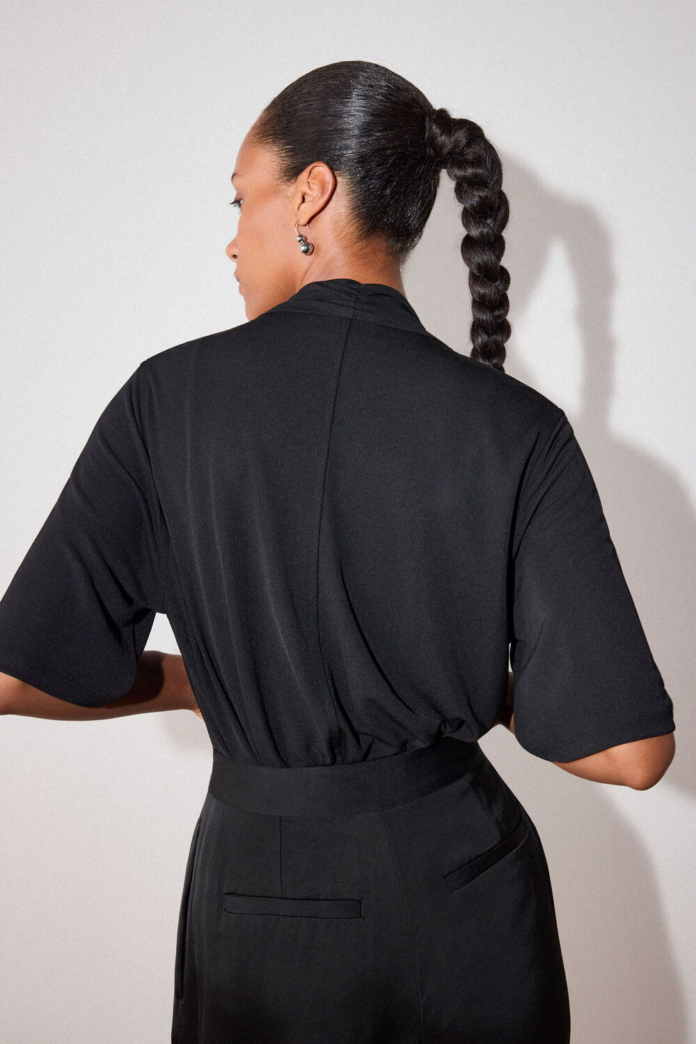 Black Short Sleeve Tie Neck Top
