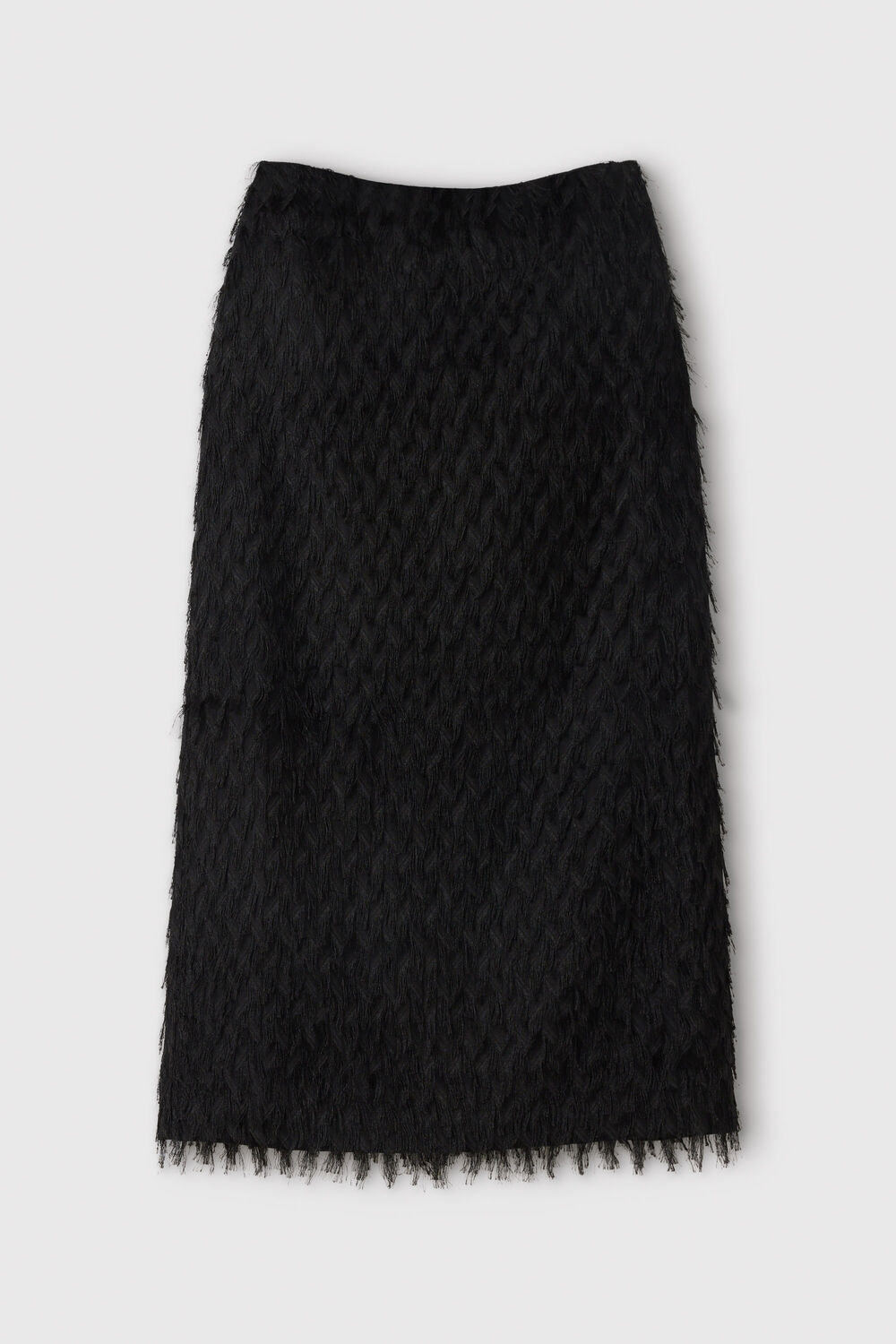 Black Fringe Textured Midi Skirt