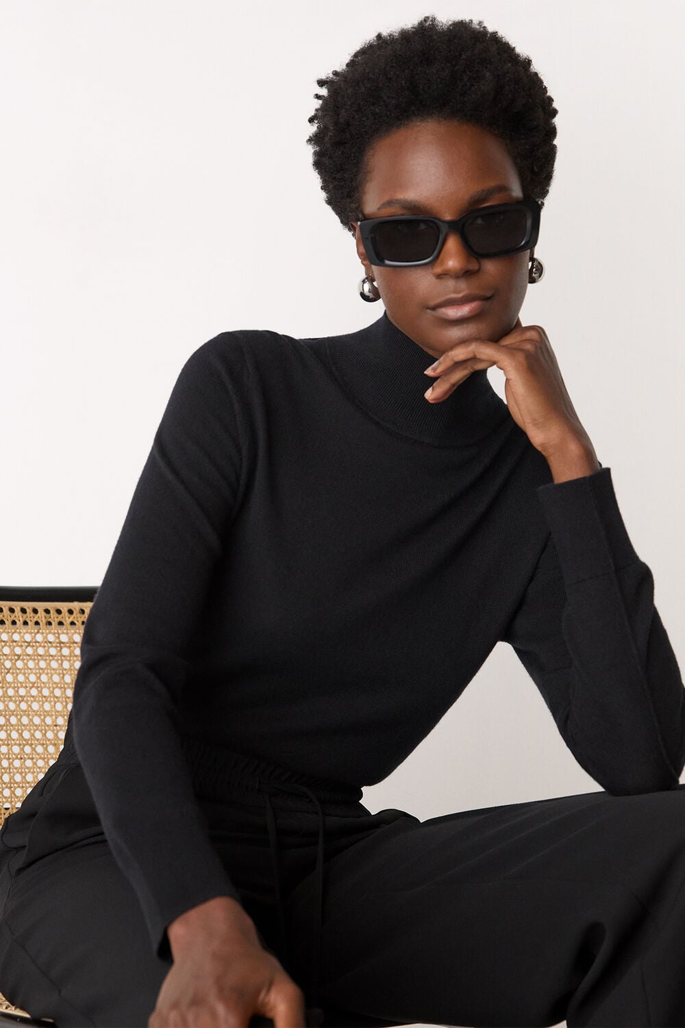Black Fine Wool Mix Funnel Neck Knit