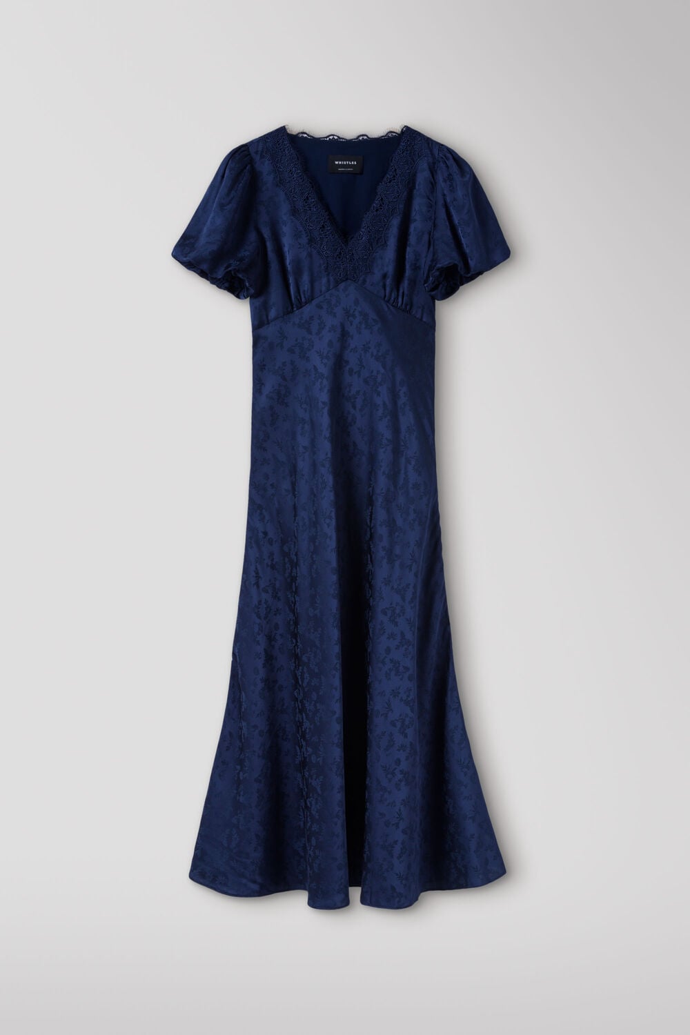 Navy Jacquard V Neck Midi Dress