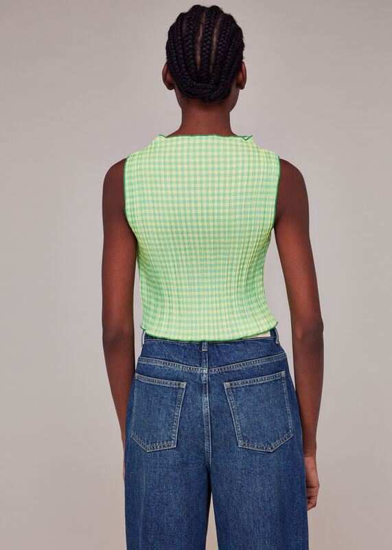 Green Houndstooth Gingham Plisse Top