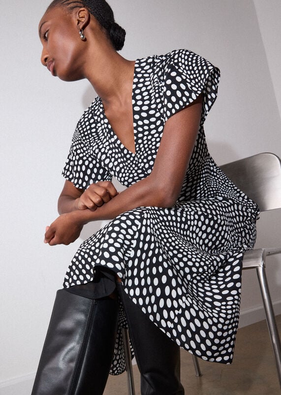 Black Mixed Spot V Neck Midi Dress