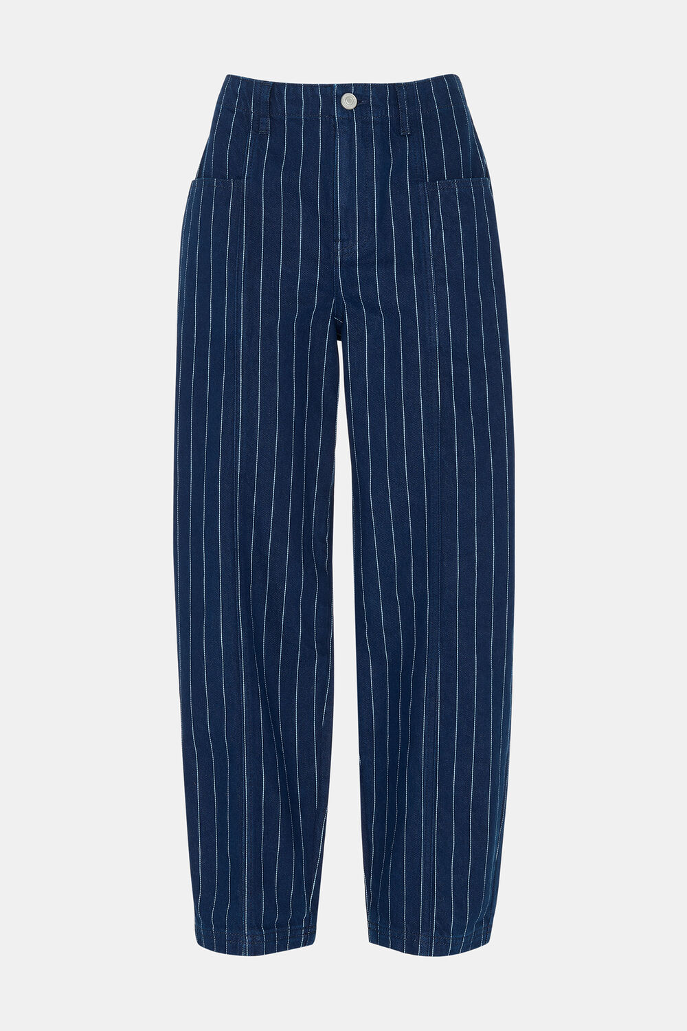 Navy Petite Pinstripe Barrel Leg Jean