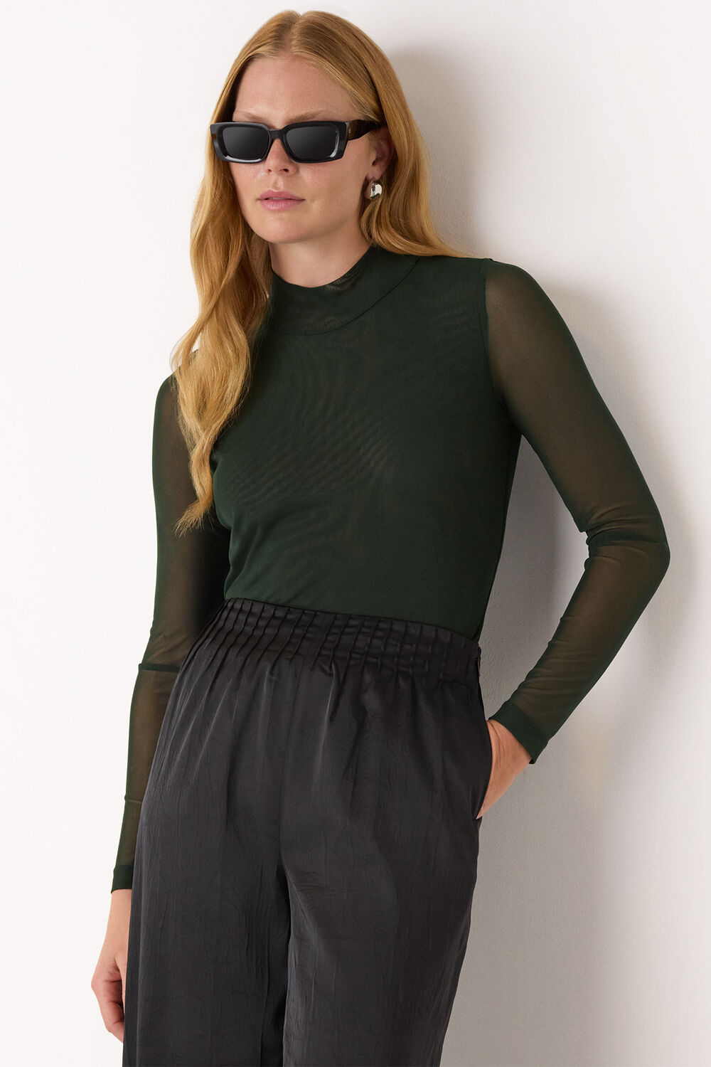 Dark Green High Neck Mesh Top