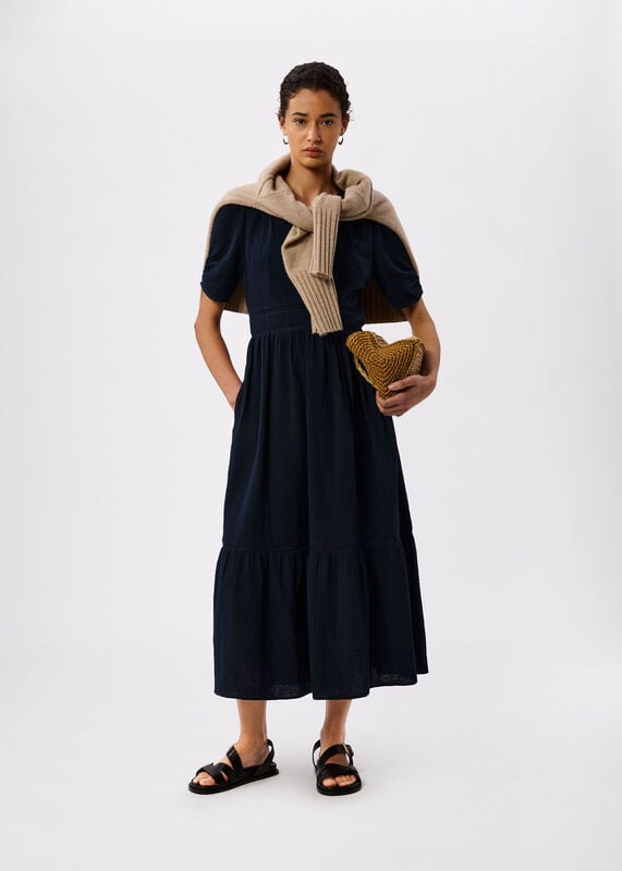 Navy V Neck Textured Midi Dress