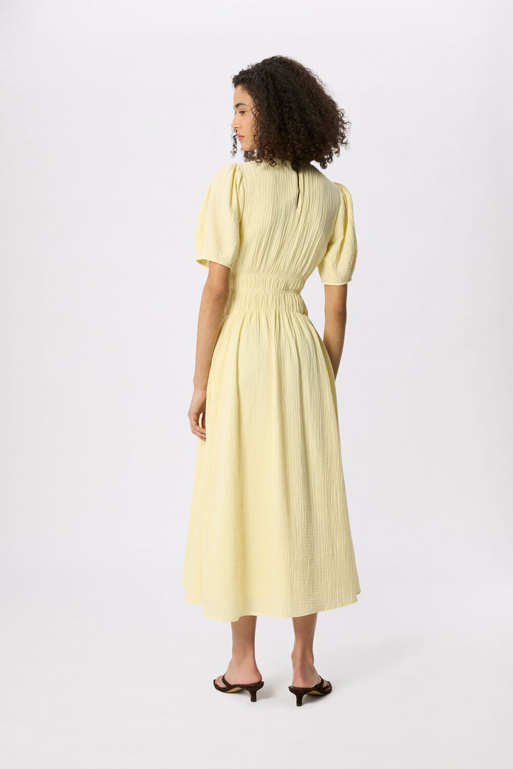 Yellow Shirred Cheesecloth Midi Dress