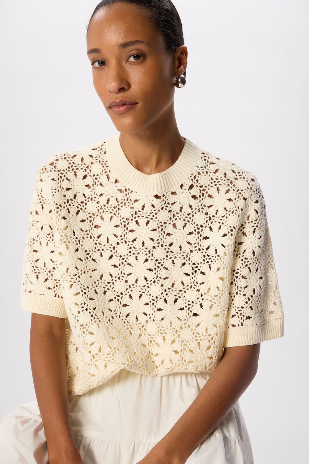 Ivory Cotton Crochet Detail Tshirt