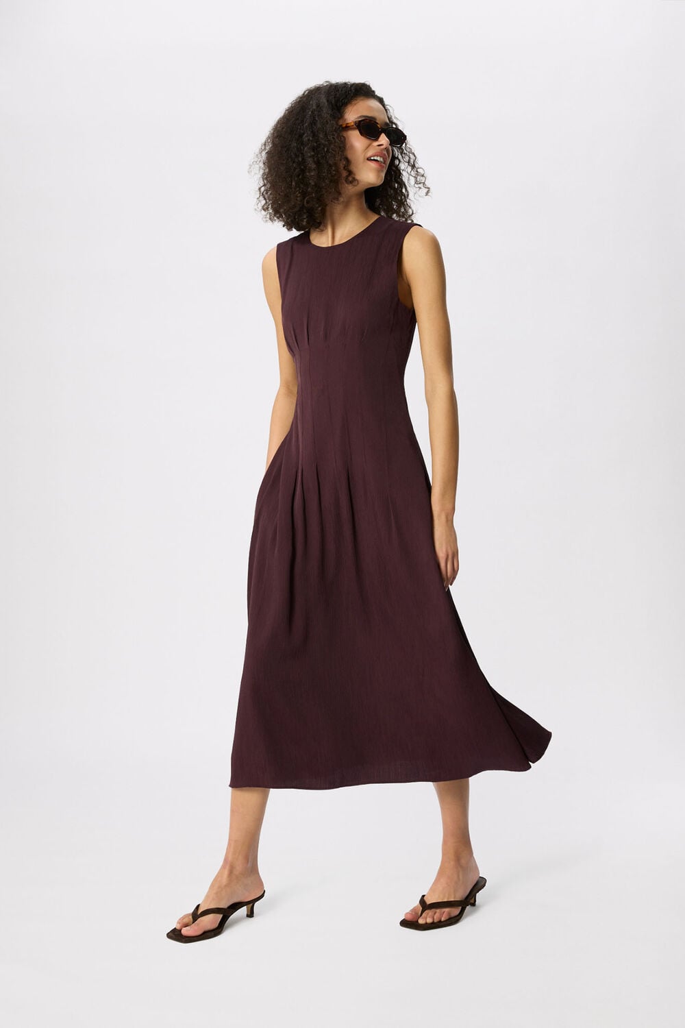 Brown Seamed Detail Textured Dress