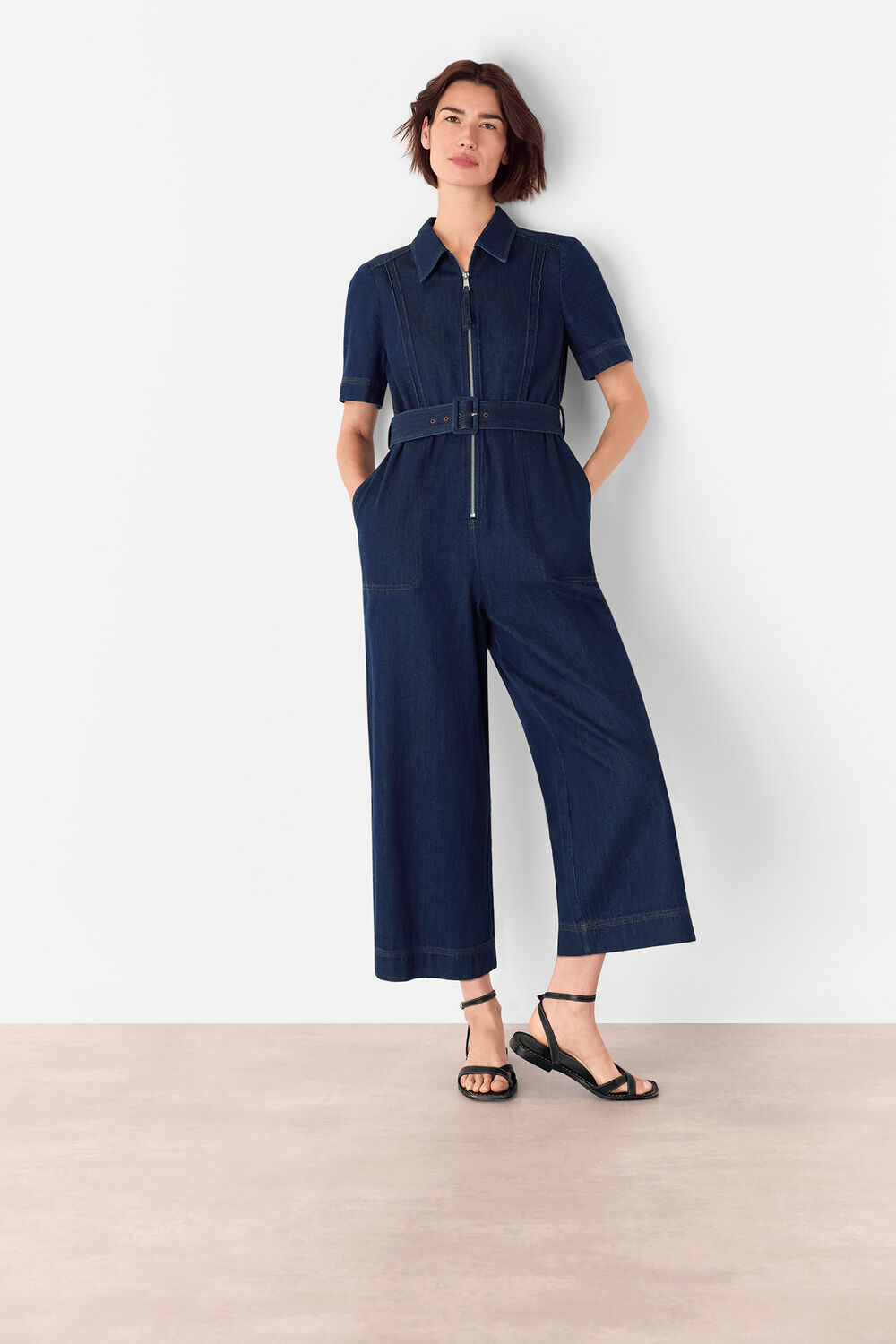Denim Pintuck Belted Jumpsuit
