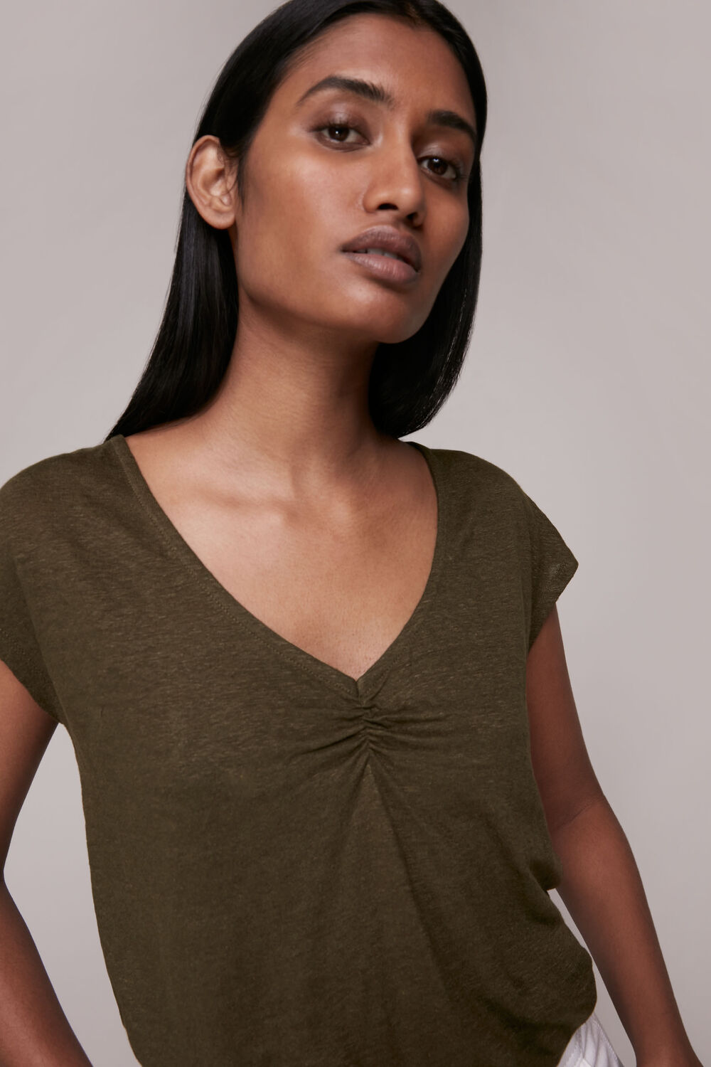 Ruched V-Neck Linen Tee