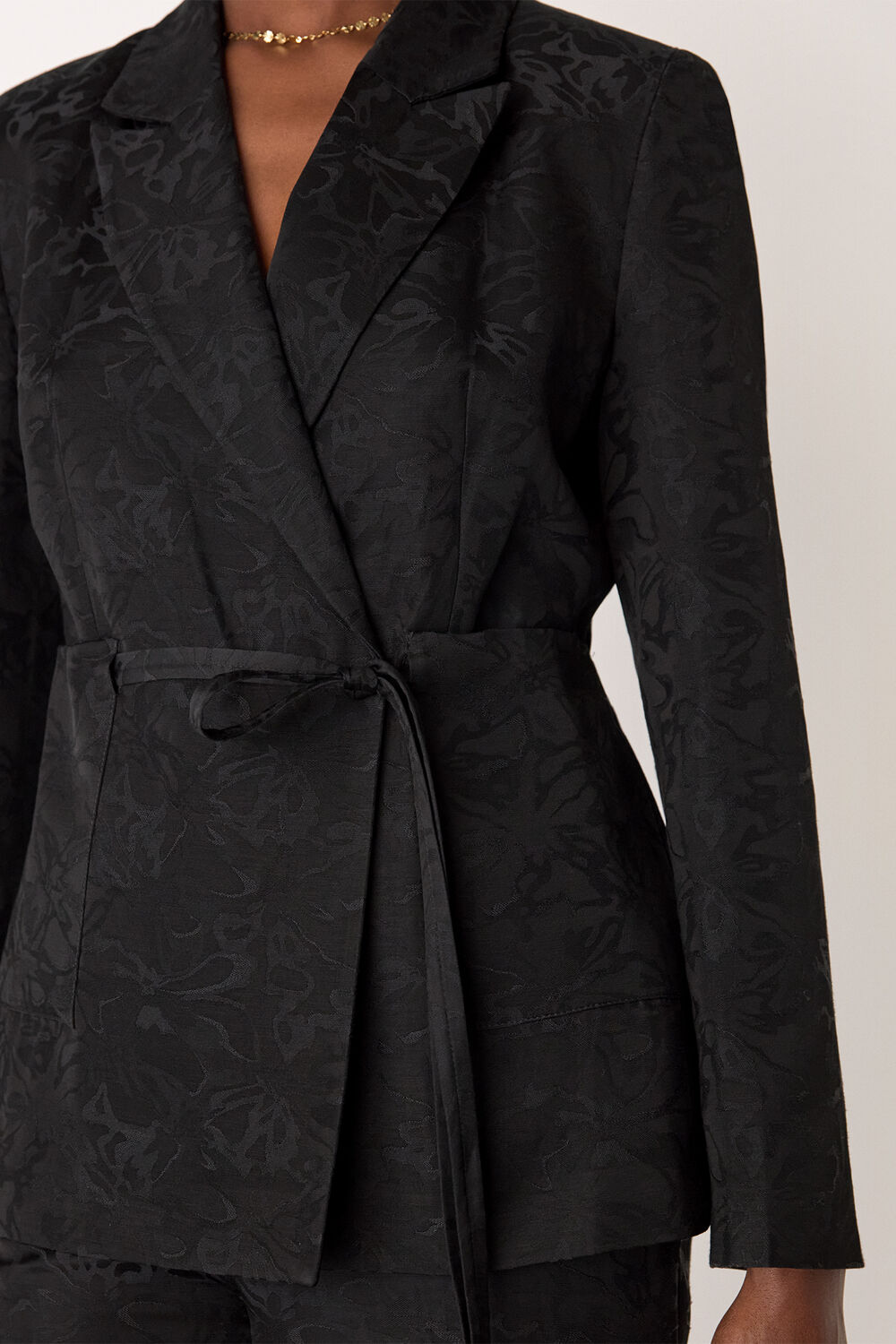 Black Jacquard Tie Waist Blazer