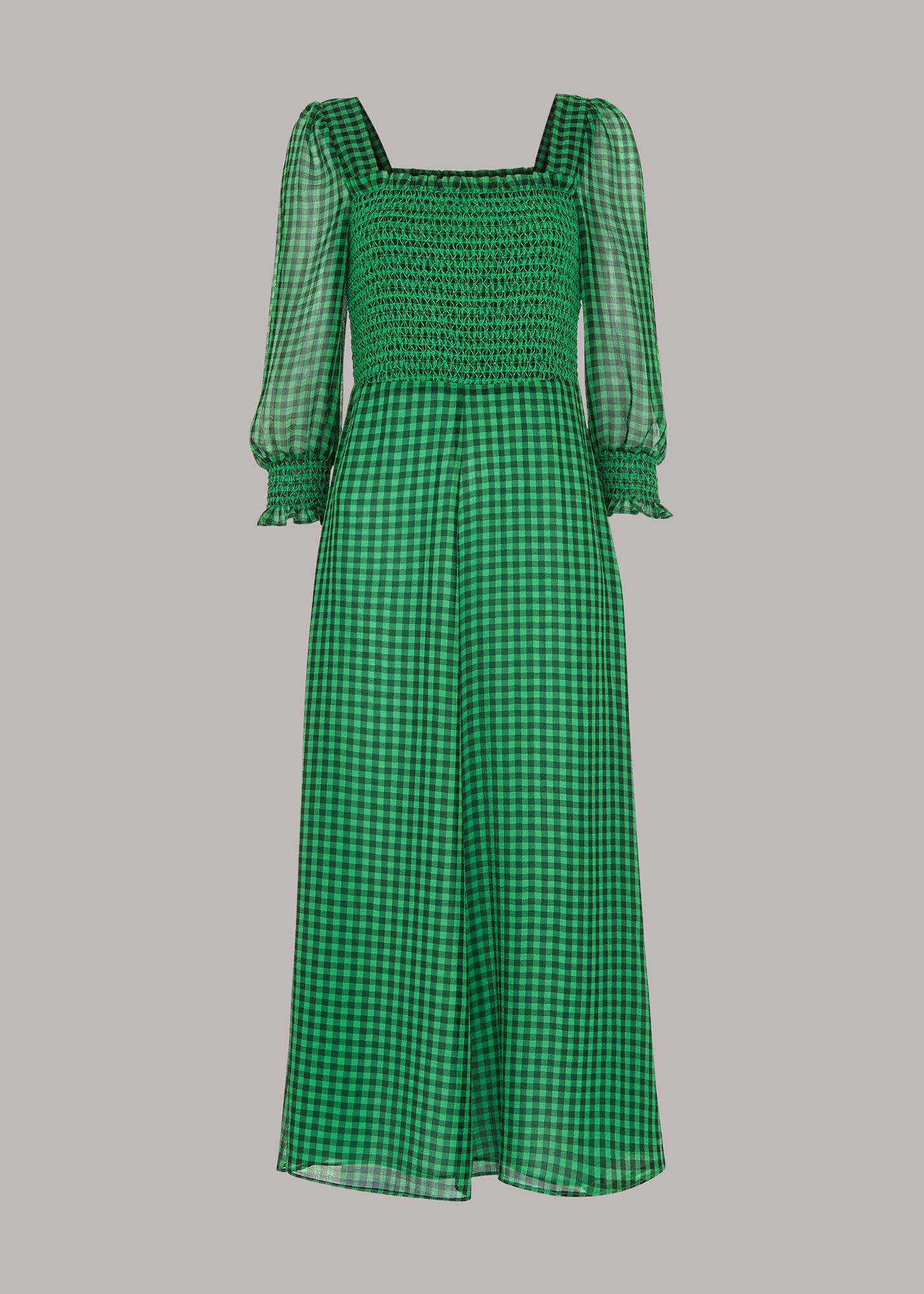 Green/Multi Lottie Gingham Shirred Dress WHISTLES