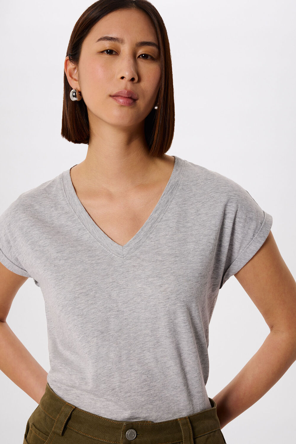 Grey Marl Willa V-Neck Cap Sleeve Tee