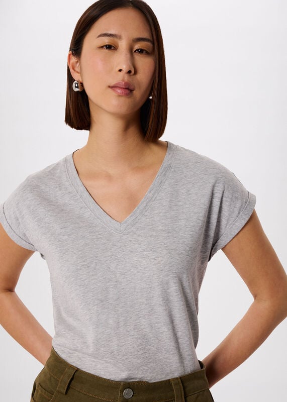 Grey Marl Willa V-Neck Cap Sleeve Tee