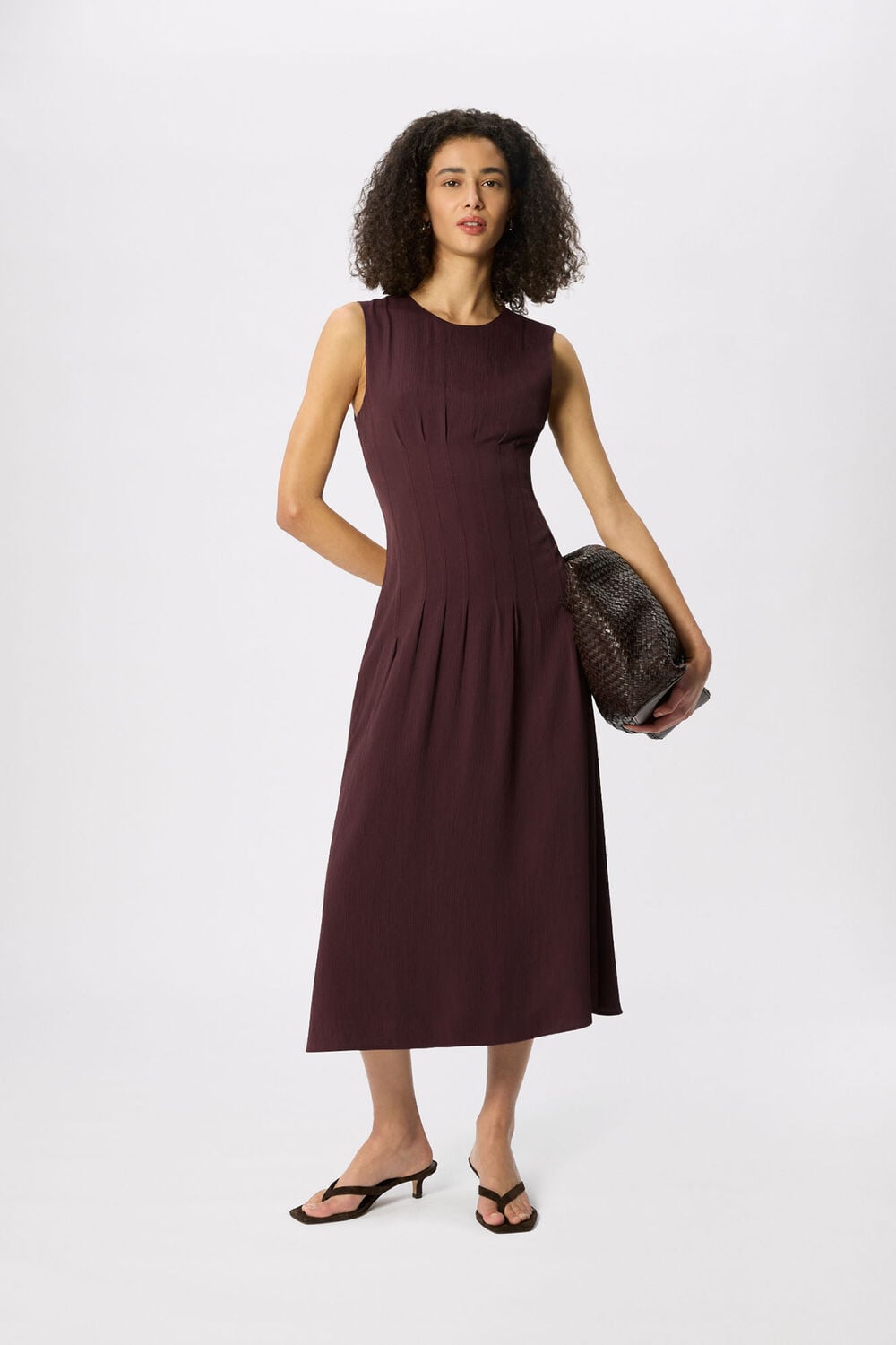 Brown Seamed Detail Textured Dress