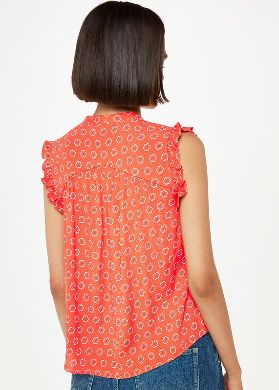 Red Flower Charm Frill Sleeve Top