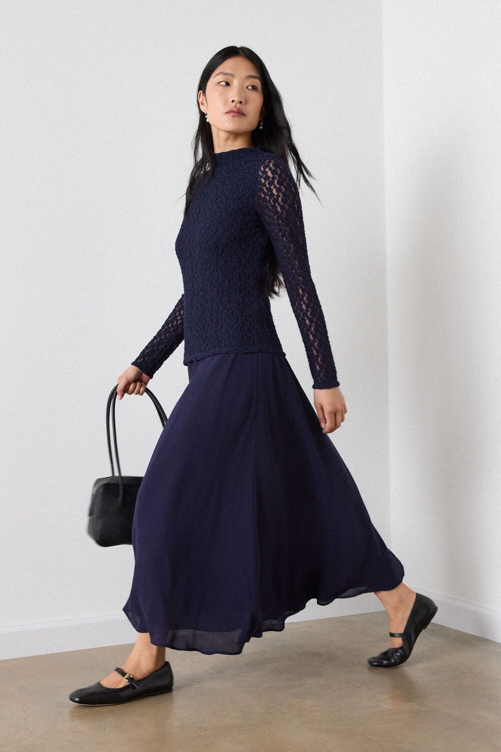 Navy Textured Drop Waist Midi Dress
