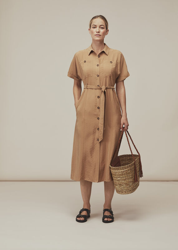 Beige Military Belted Midi Dress
