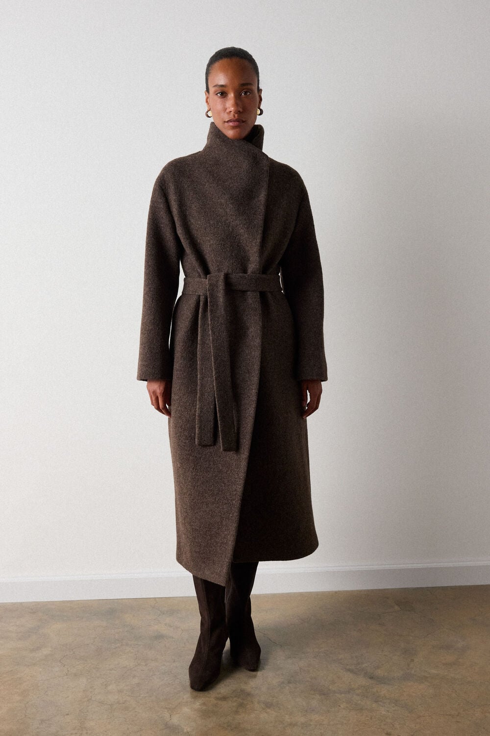 Taupe Morgana Wool Funnel Wrap Coat