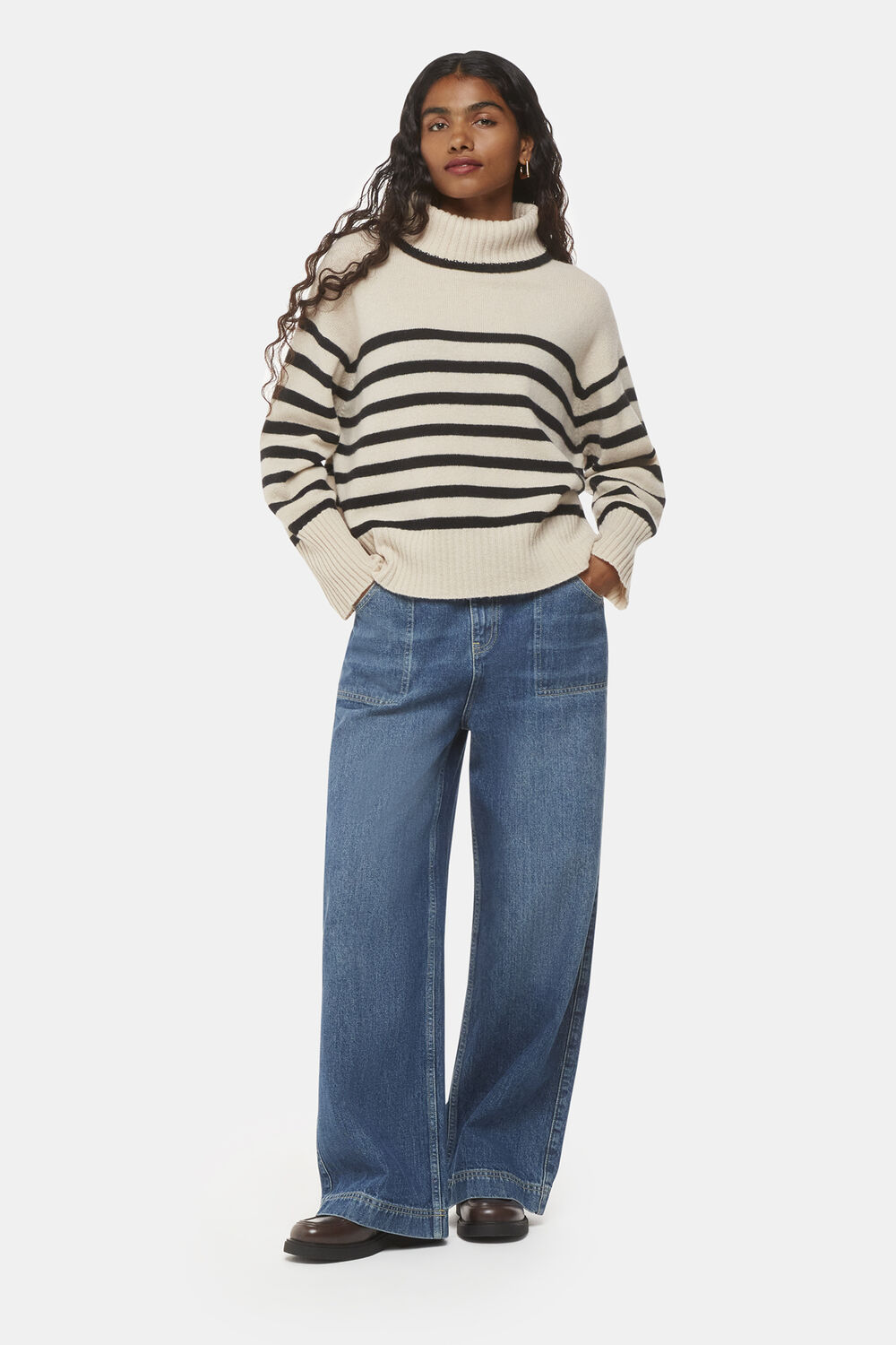 Ivory Petite Stripe Wool Roll Neck